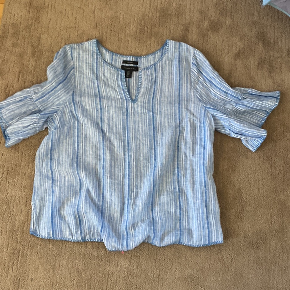 Tahari Peasant Shirt Sz 1X 100% Linen Blue Stripe Bell Sleeve Embroidered Hem